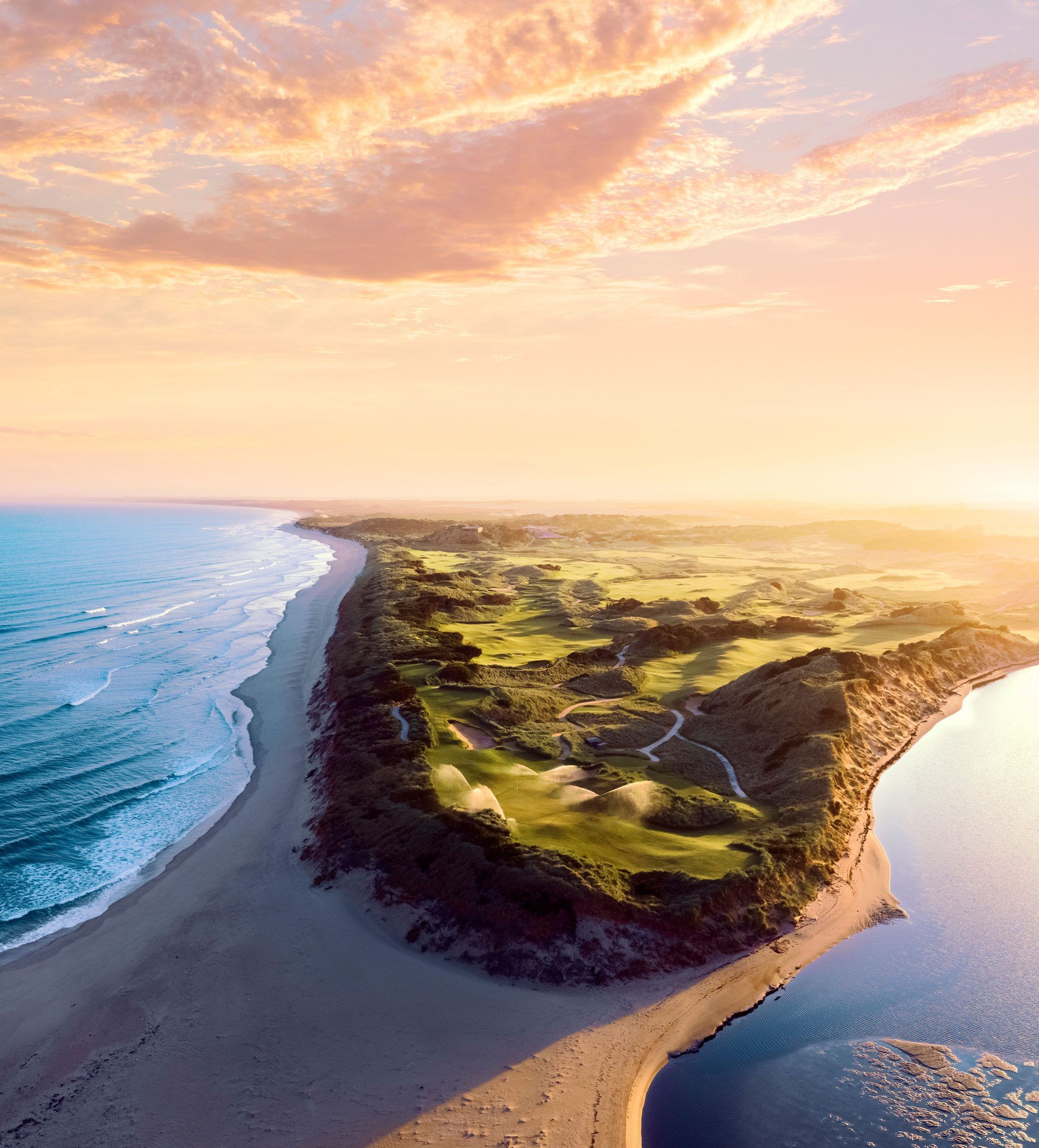 Aerial view of a coastal golf course in Tasmania